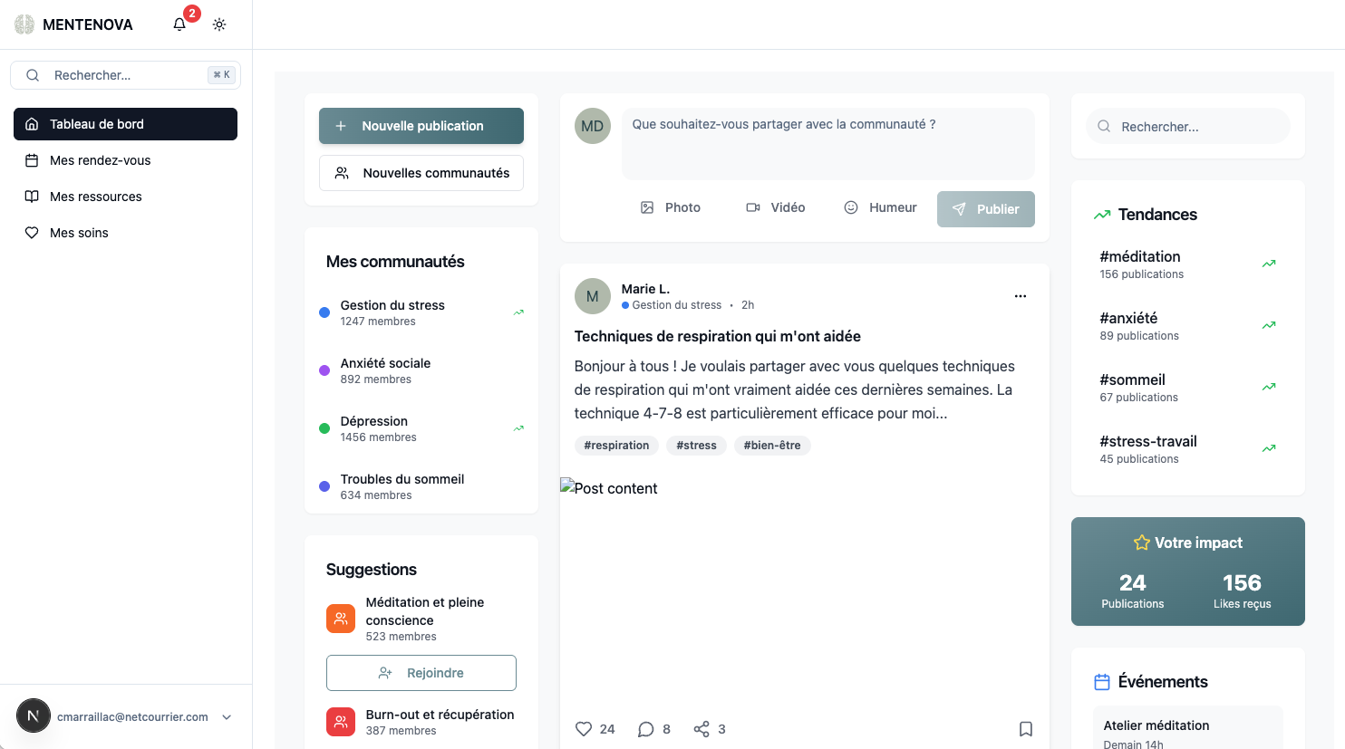 Tableau de bord MenteNova pour particuliers