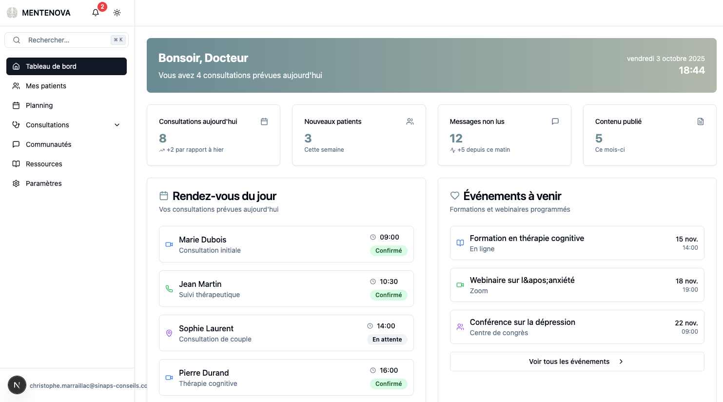 Tableau de bord MenteNova pour professionnels
